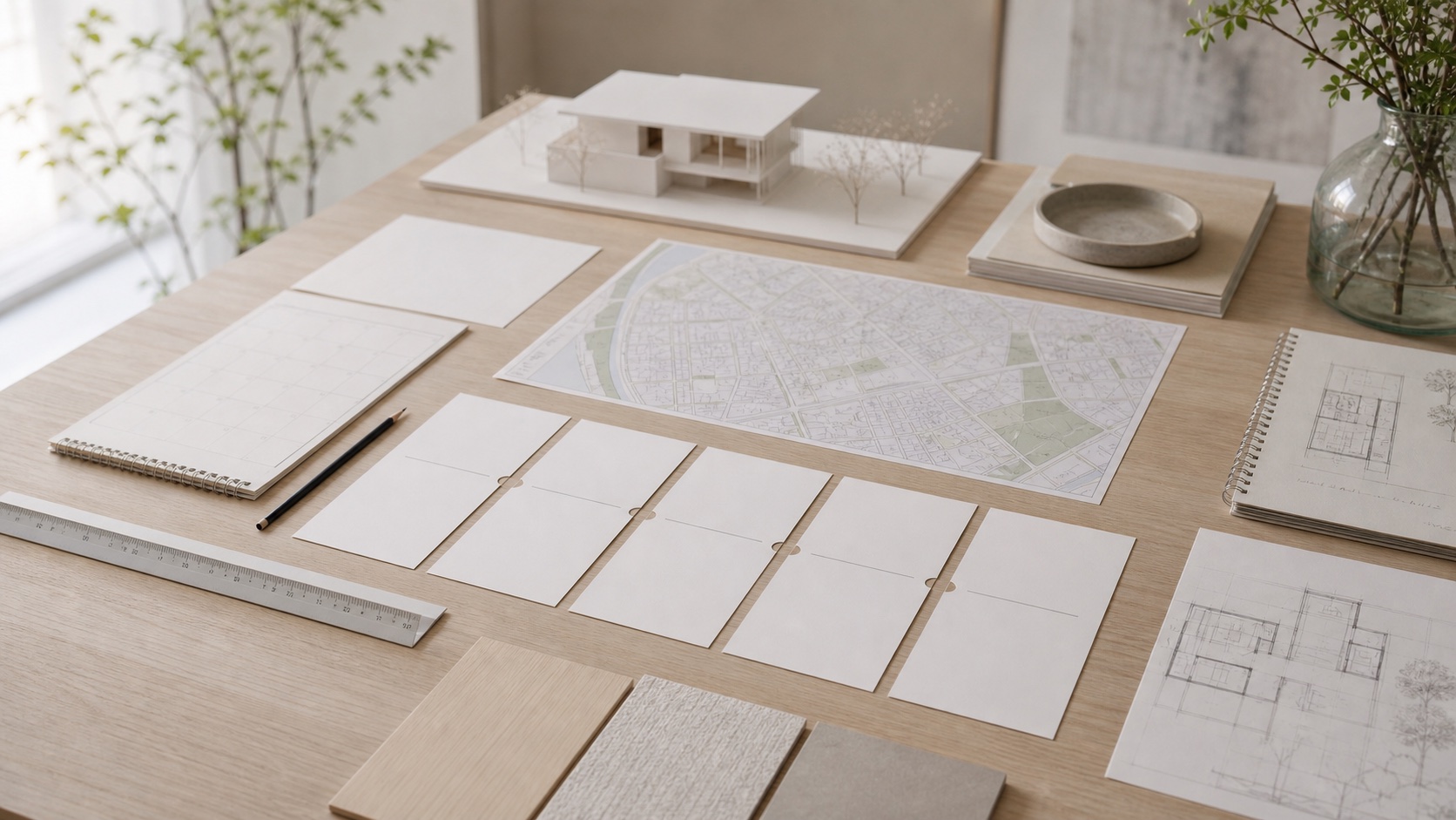 住宅模型と素材サンプルを並べて設計の優先順位を整理する場面