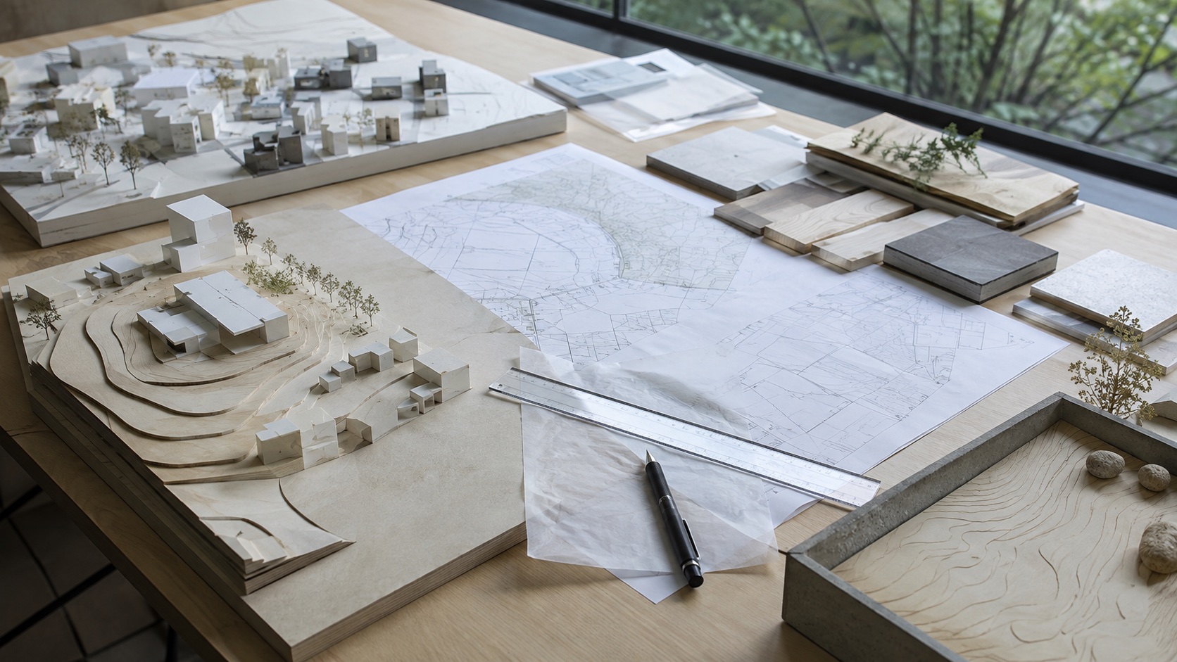 敷地模型と図面で土地の日当たりや周辺環境を検討する建築設計の場面